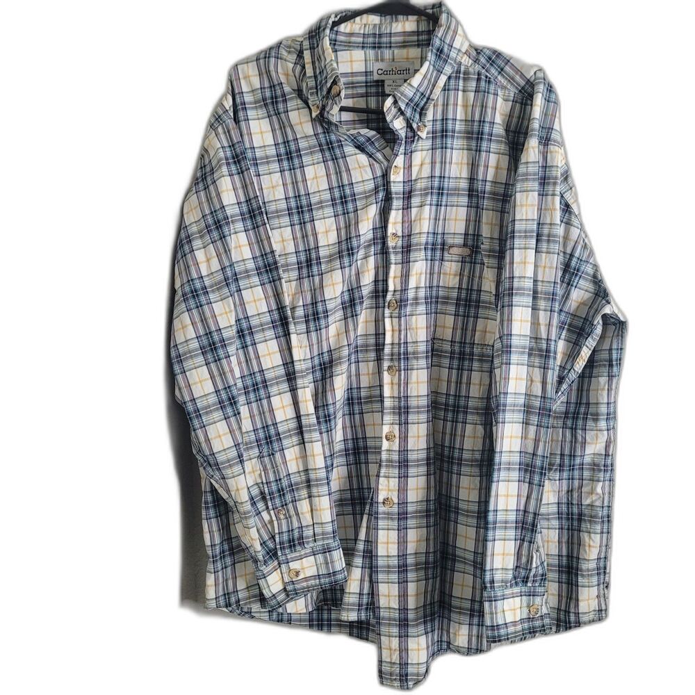 Carhartt XL Button front men shirt top collar plaid longsleeve blue